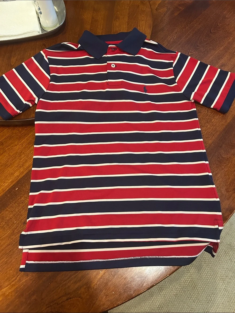Polo Ralph Lauren Boys M 10-12 Red, Navy & White Striped Performance SS Shirt